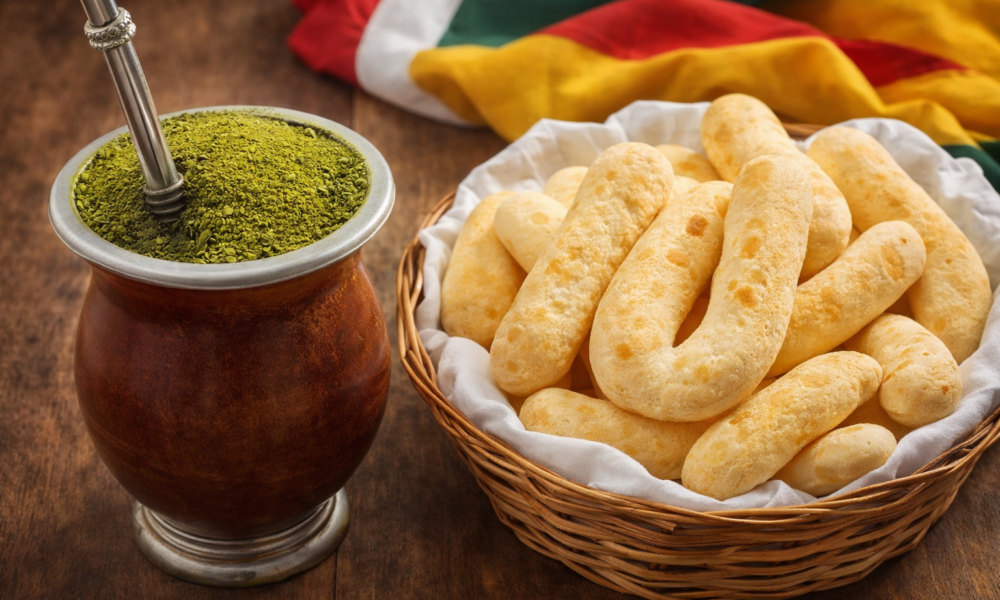 Chimarrão tradicional em cuia gaúcha acompanhado de biscoitos de polvilho, receita típica do Rio Grande do Sul