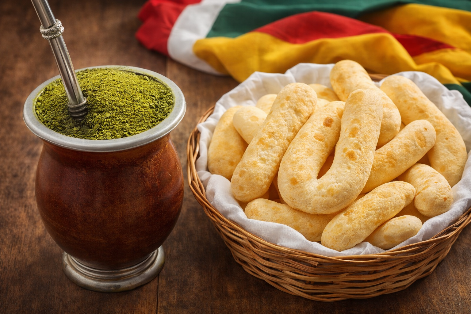Chimarrão tradicional em cuia gaúcha acompanhado de biscoitos de polvilho, receita típica do Rio Grande do Sul