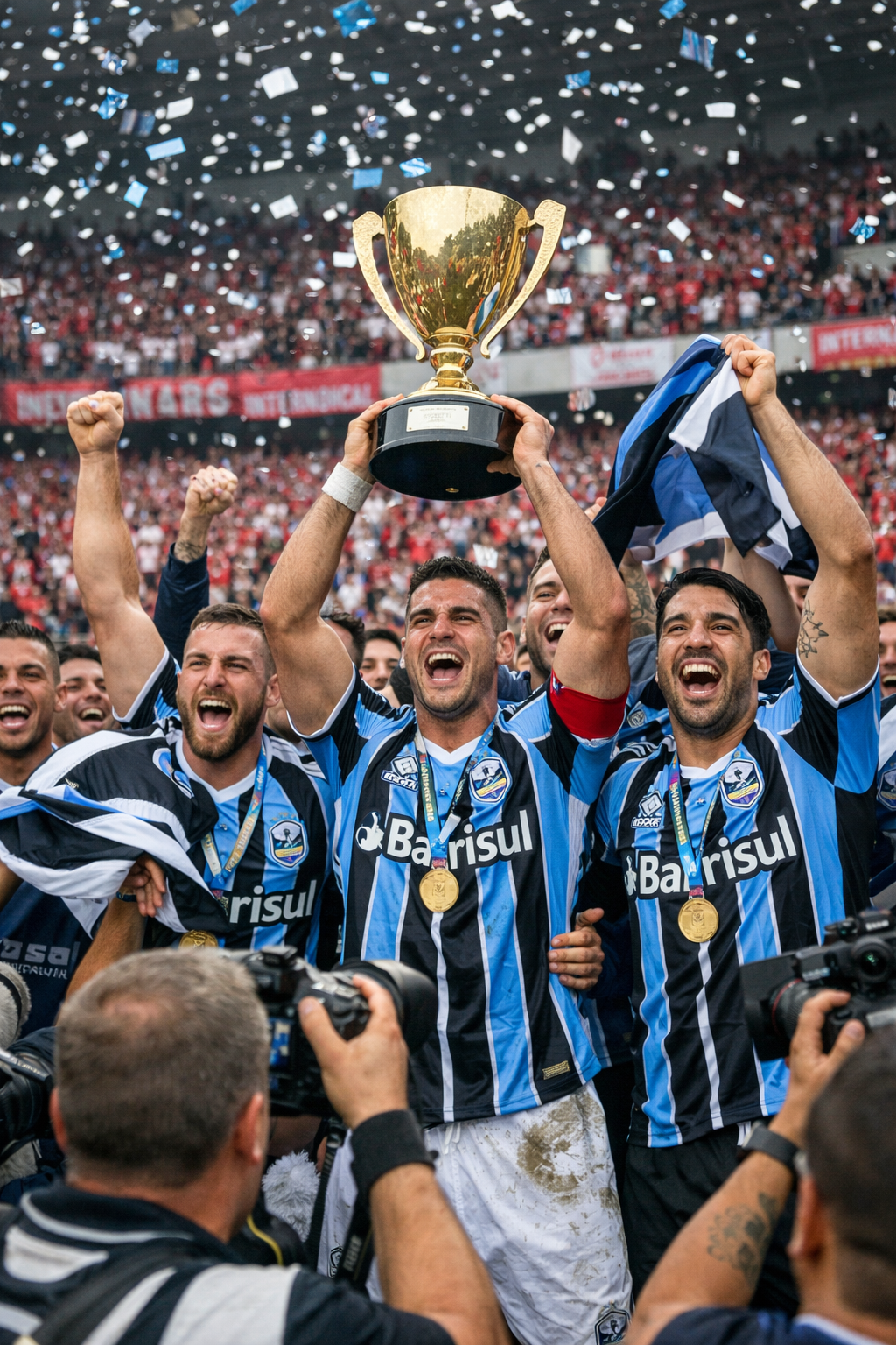 Grêmio comemora título do Campeonato Gaúcho 2026 após empate no Grenal contra o Internacional no Beira-Rio