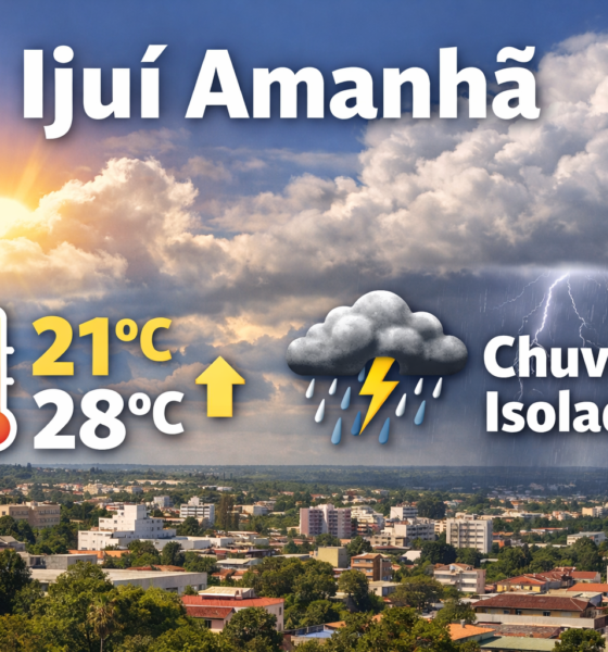 Previsão do tempo em Ijuí amanhã com temperatura entre 21°C e 28°C, sol entre nuvens e possibilidade de chuva isolada