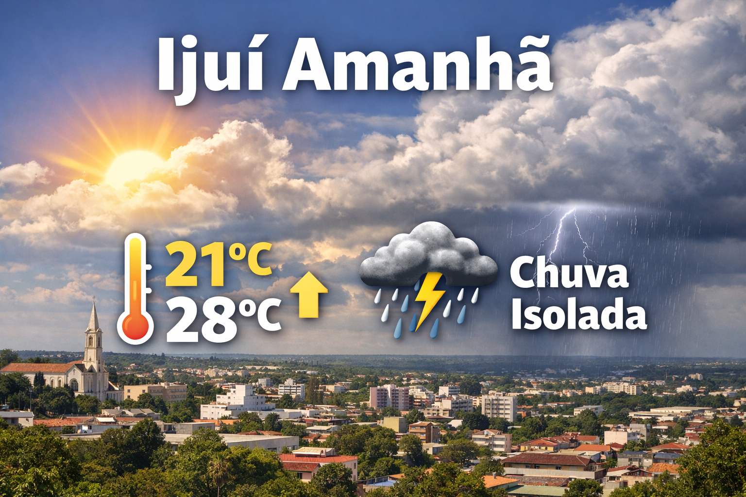 Previsão do tempo em Ijuí amanhã com temperatura entre 21°C e 28°C, sol entre nuvens e possibilidade de chuva isolada